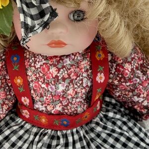 Vintage Muffin Doll Porcelain Face Curly Blonde Hair Country Dress Sunflower Hat